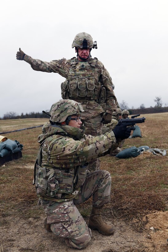 Spc. Misty Schillereff, an Executive Admin Assistant with the 316th Sustainment Command (Expeditionary), an Army Reserve unit from Coraopolis, Pa., fires an M9 pistol at a qualification and familiarization range Dec. 6, 2016, at Fort Hood, Tx.
(U.S. Army photo by Sgt. Christopher Bigelow)