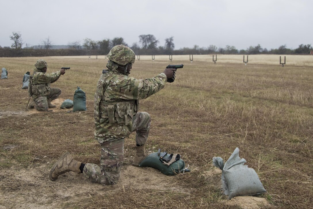 U.S. Army Reserve Soldiers of the 316th Sustainment Command (Expeditionary) shoot the M9 pistol during a qualification at Fort Hood, Tx., Dec. 5, 2016. (U.S. Army photo by Staff Sgt. Dalton Smith)