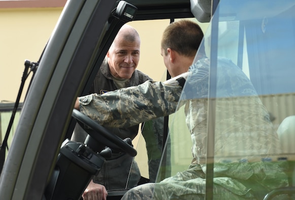 U.S. Air Force Maj. Gen. Thomas Bussiere, 8th Air Force commander, stops to talk with an Airman at Andersen Air Force Base, Guam, Nov. 30, 2016.  Bussiere’s objective is to spend time with Airmen of the “Mighty Eighth,” and to share his command focus on discipline, excellence and pride.  
(U.S. Air Force photo by Airman 1st Class Jacob Skovo)
