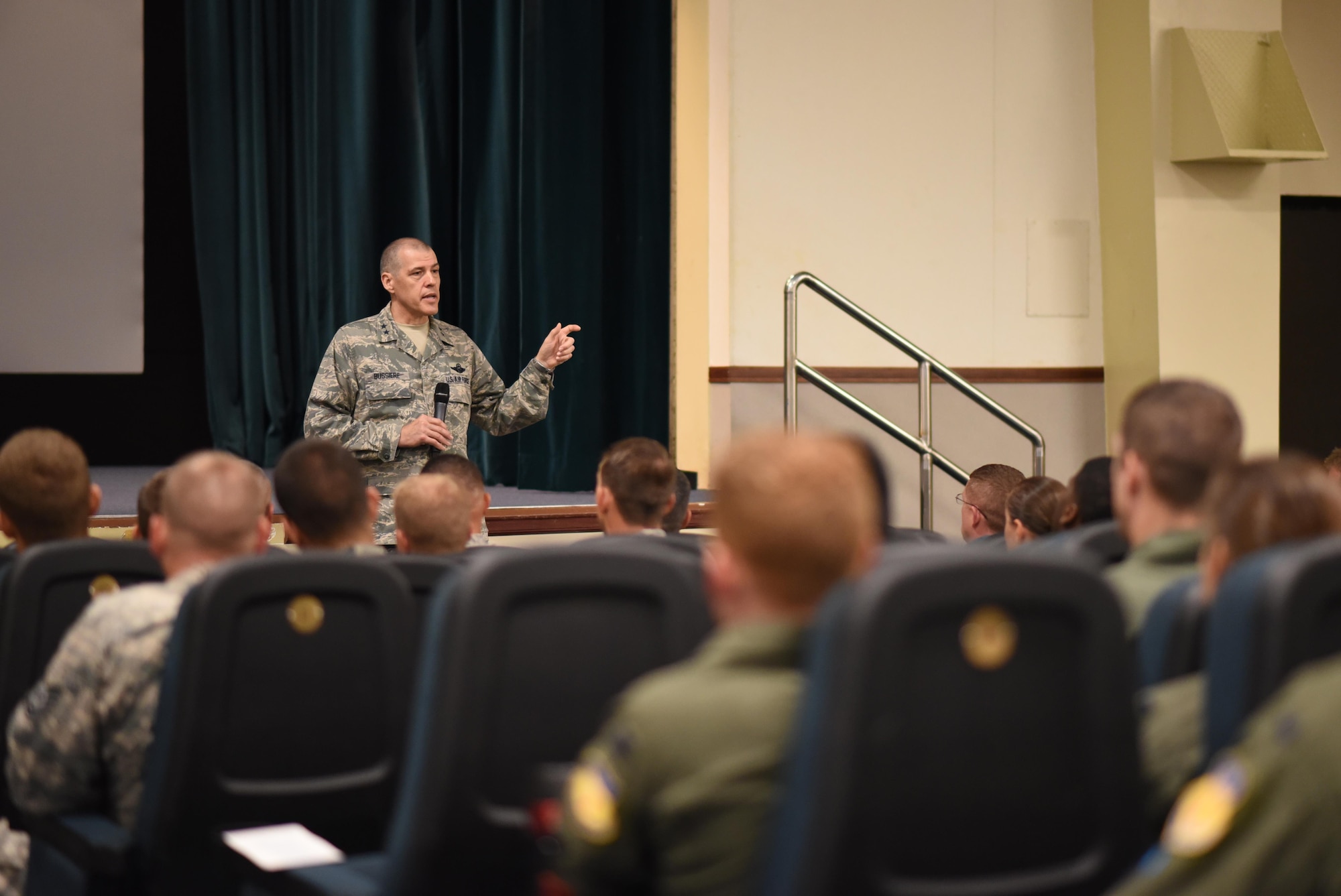 U.S. Air Force Maj. Gen. Thomas Bussiere, 8th Air Force commander, shares his command vision with the Bomber Airmen of the “Mighty Eighth” at Anderson Air Force Base Guam, Dec. 1, 2016. Bussiere’s objective is to spend time with Airmen of the Mighty Eighth, and to share his command focus on discipline, excellence and pride. (U.S. Air Force photo by Airman 1st Class Jacob Skovo)