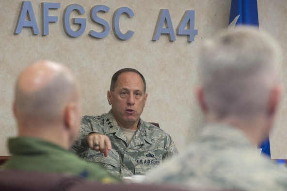 Lt. Gen. Lee K. Levy II, Commander Air Force Sustainment Center, addresses Air Force Global Strike Command wing, vice wing and operations group commanders about how AFSC can support the deterrence mission during the Senior Officer Sustainment Course. The two-day course focused on logistics, maintenance and asset management processes. (U.S. Air Force photo/Senior Airman Joseph Raatz)