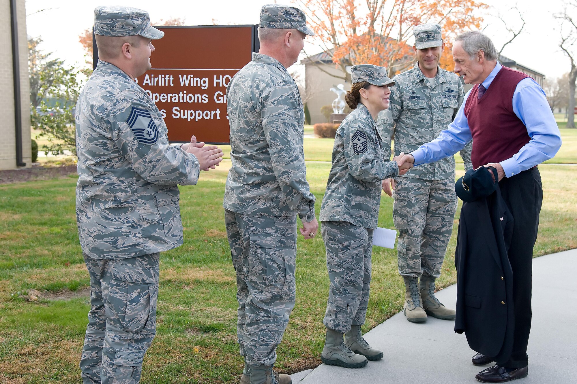 Chief Master Sgt. Sarah Sparks, 436th Airlift Wing command chief, welcomes Sen. Tom Carper, D-Del., to Dover Air Force Base, Del., Nov. 28, 2016. During his half-day visit, Carper met with senior leadership from the 436th and 512th Airlift Wings, 436th Maintenance Squadron Isochronal Inspection Dock, Air Force Mortuary Affairs Operations, Armed Forces Medical Examiner System, and the Joint Personal Effects Depot. At each stop, he met with Team Dover members and thanked them for their service. (U.S. Air Force photo by Roland Balik)