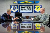 Col. D. Scott Durham, 512th Airlift Wing commander, listens to Sen. Tom Carper, D-Del., prior to the start of a meeting with Team Dover senior leadership Nov. 28, 2016, at Dover Air Force Base, Del. Carper talked with senior leaders from the 436th and 512th Airlift Wings, Air Force Mortuary Affairs Operations, Armed Forces Medical Examiner System, and the Joint Personal Effects Depot prior to the start of his tour of the base. (U.S. Air Force photo by Roland Balik)