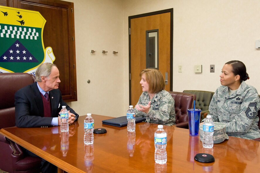 Col. Dawn Lancaster and Chief Master Sgt. Meshelle Dyer, Air Force Mortuary Affairs Operations commander and chief enlisted manager respectively, brief Sen. Tom Carper, D-Del., on the current status of AFMAO, Nov. 28, 2016, at Dover Air Force Base, Del. Carper also met with personnel in the AFMAO gymnasium section who briefed him on the resiliency program established for members assigned to AFMAO. (U.S. Air Force photo by Roland Balik)