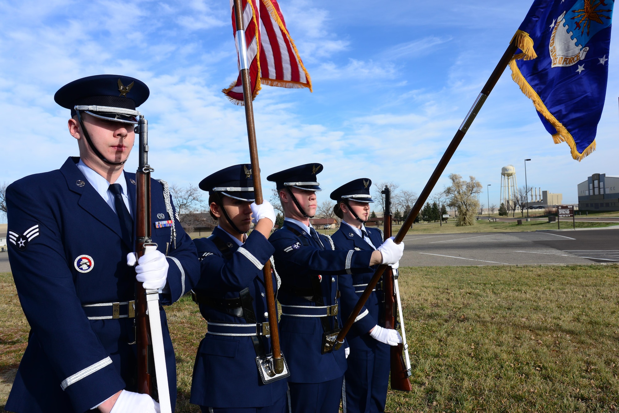 Airman 1st Class Taylor Brown, 741st Maintenance Squadron power refrigeration and electrical lab technician and prior member of the Malmstrom Honor Guard, practices presenting the Air Force flag during a color team Nov. 4, 2016, at Malmstrom Air Force Base, Mont. Brown recently received the honor guard member award for the third quarter for going above and beyond his peers by always being positive and having completed 44 honor guard details. (U.S. Air Force photo/Airman 1st Class Magen M. Reeves)