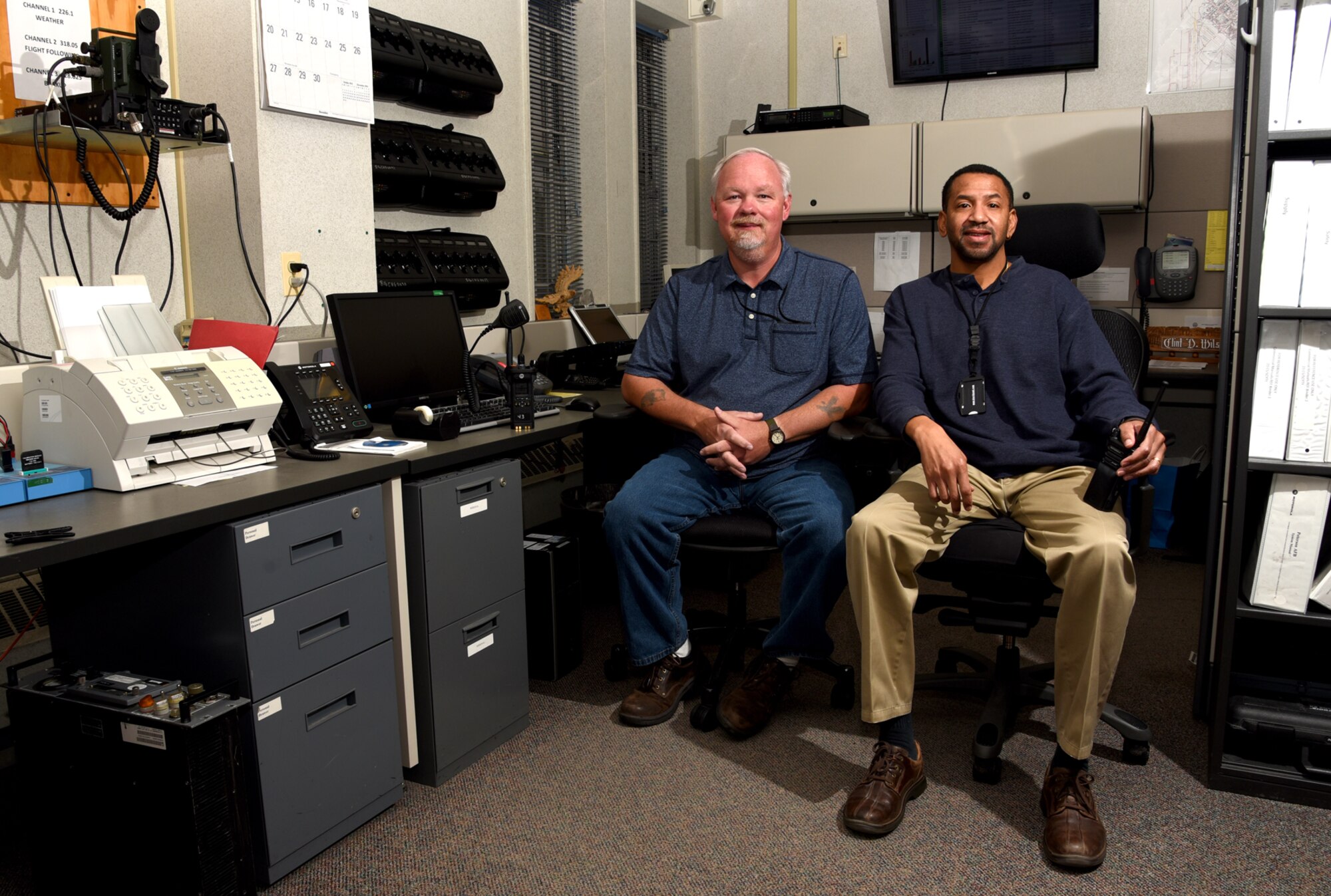 PETERSON AIR FORCE BASE, Colo. – Brian Tillman, 21st Communications Squadron trunked land mobile radio technician, and Clint Wilson, 21st CS trunked land mobile radio administrator, upgraded the TLMR at Peterson Air Force Base, Colo., to better serve the entire base and the surrounding community when disasters strike. The TLMR is interlinked into Peterson AFB, Schriever AFB, the U.S. Air Force Academy and Cheyenne Mountain Air Force Station. (U.S. Air Force photo by Airman 1st Class Dennis Hoffman)