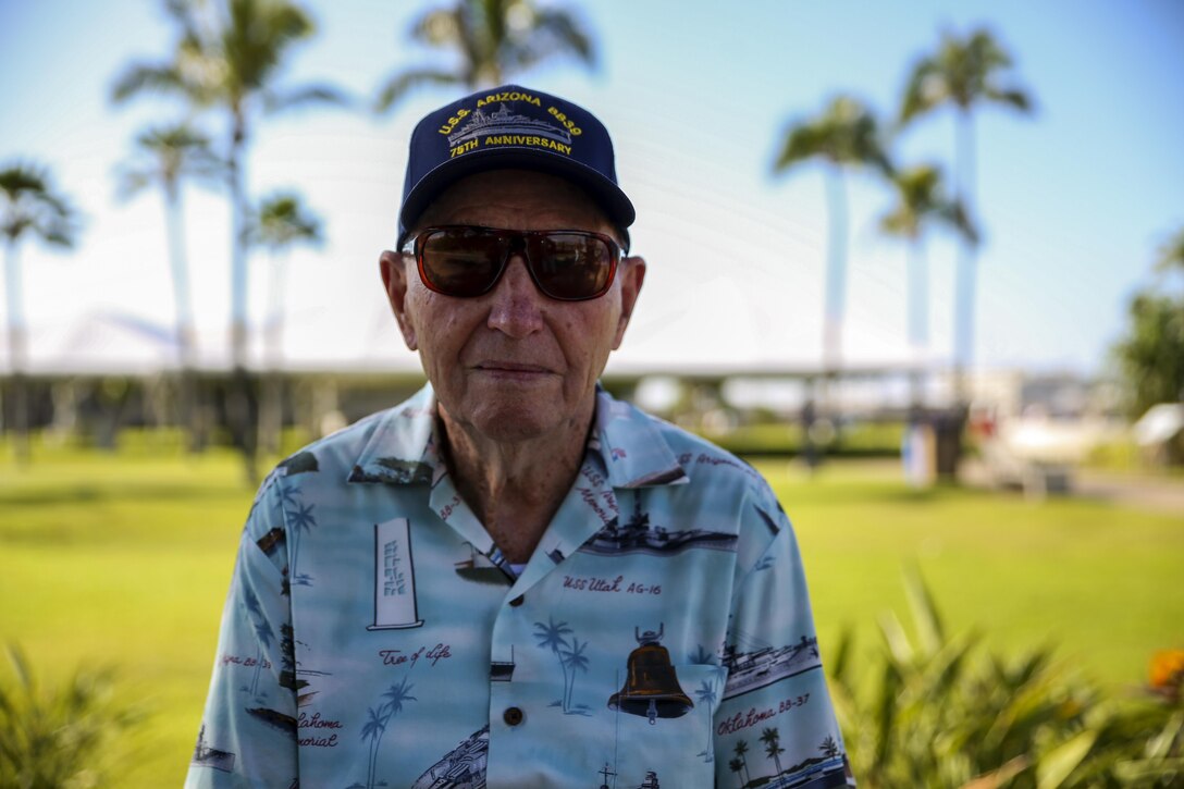 Former U.S. Navy coxswain Howard "Ken" Potts attends the Freedom Bell Opening Ceremony and Bell Ringing at USS Bowfin Submarine Museum & Park on Pearl Harbor, Hawaii, Dec. 6, 2016. Potts is one of five living USS Arizona survivors.  Civilians, veterans, and service members came together to remember and pay their respects to those who fought and lost their lives during the attack on Pearl Harbor. (U.S. Marine Corps photo by Lance Cpl. Robert Sweet)