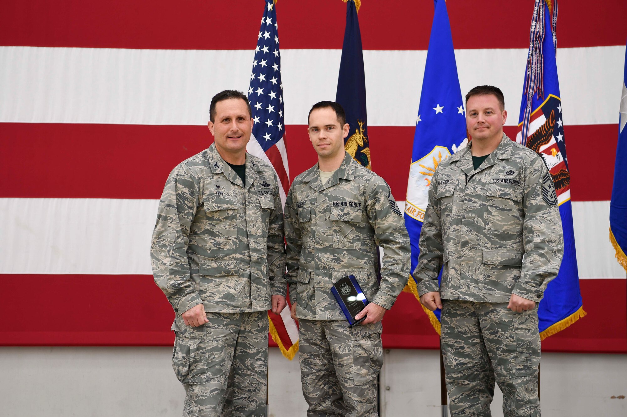 The 110th Attack Wing, Battle Creek, Mich., had their annual town hall meeting December 3, 2016. During this event Master Sgt. Gregory Hauck was awarded the 110th Attack Wing Outstanding Unit Safety Representative.  Master Sgt. Hauck is from the 217th Air Communications Squadron. This award recognizes a Unit Safety Representative from any safety discipline that has significantly contributed to a proactive safety culture across the 110th Attack Wing. Master Sgt. Hauck consistently works in coordination with the 110th Safety Office in identifying and correcting workplace hazards to prevent mishaps before they occur. (U.S. Air National Guard photo by Tech. Sgt. Jason A. Boyd/Released)