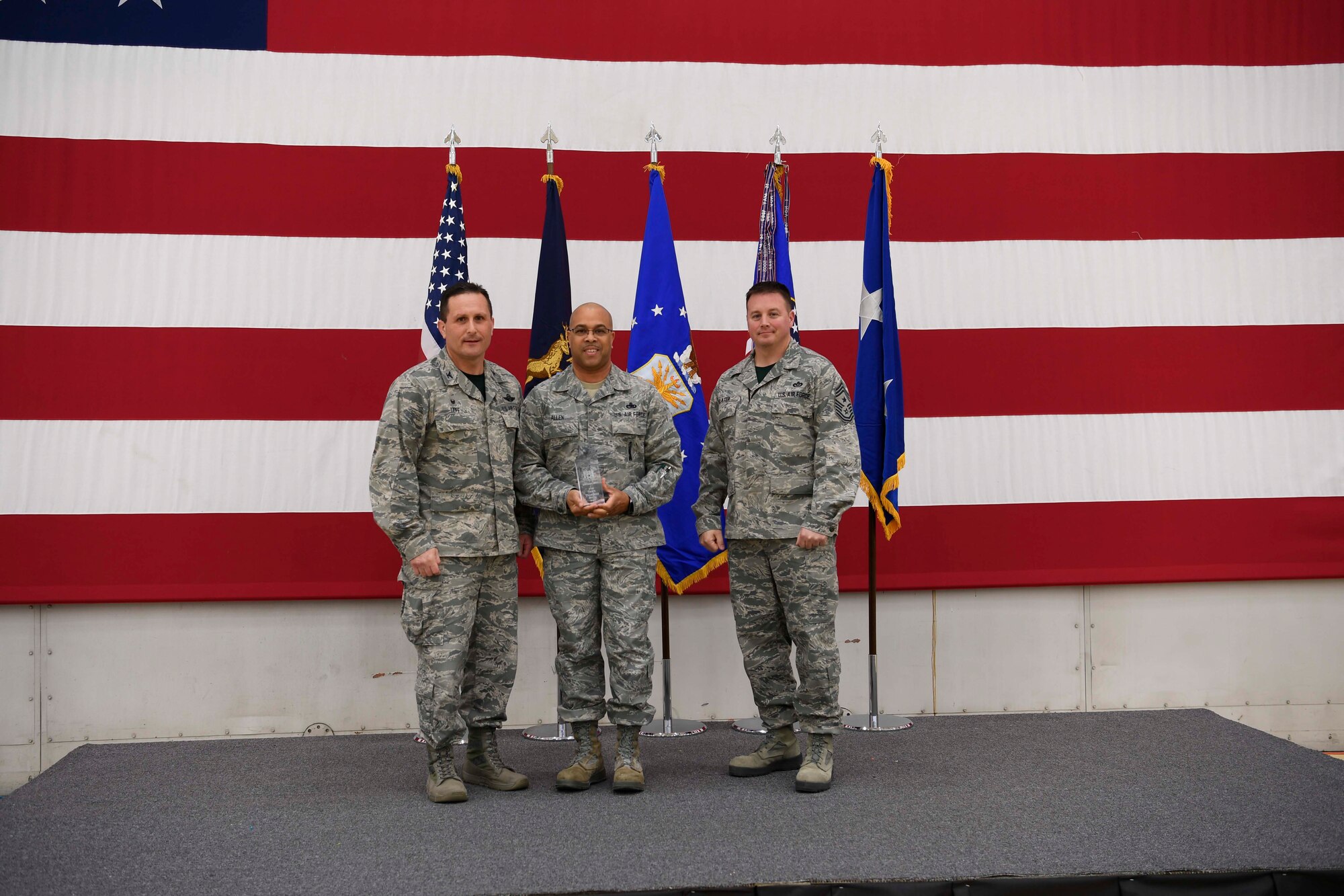 The 110th Attack Wing, Battle Creek, Mich., had their annual town hall meeting December 3, 2016. During this event Master Sergeant Rodney Allen was awarded the 110th Attack Wing First Sergeant of the Year.  He is assigned as the First Sergeant to the 110th Security Forces Squadron.  Master Sgt. Allen exemplified the qualities necessary of a first sergeant by diligently overseeing numerous family care plans and newcomer in-processing briefings.  He provided after hours support when a Security Forces member required a critical short-notice surgery.  He also provided stellar mentorship to the enlisted members of his squadron. (U.S. Air National Guard photo by Tech. Sgt. Jason A. Boyd/Released)