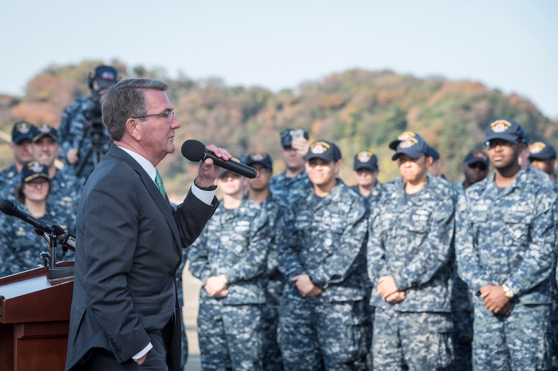 Defense Secretary Ash Carter meets with sailors on the guided-missile cruiser USS John C. McCain at Naval Base Yokosuka, Japan, Dec. 6, 2016. DOD photo by Air Force Tech. Sgt. Brigitte N. Brantley