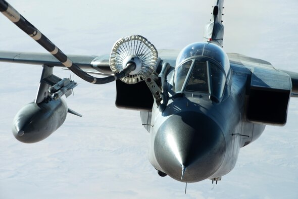 A German air force GR-4 Tornado refuels using a drogue-and-hose system from a U.S. Air Force KC-10 Extender near Mosul, Iraq, Nov. 20, 2016. Air Force refueling teams train to refuel aircraft from all nations both home and around the globe to embody the joint approach to warfare. (U.S. Air Force photo by Staff Sgt. R. Alex Durbin)