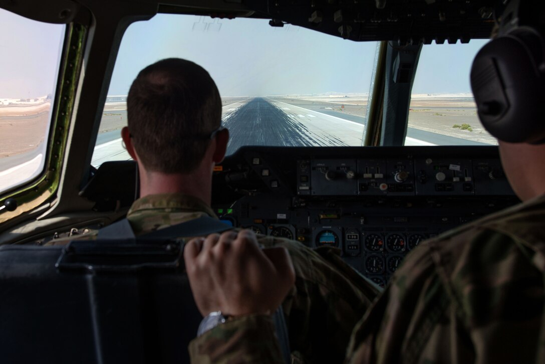 U.S. Air Force 1st Lt. Justin, a KC-10 Extender pilot deployed in support of Operation Inherent Resolve, prepares to take off at an undisclosed location in Southwest Asia, Nov. 20, 2016. The KC-10 Extender is an Air Mobility Command advanced tanker and cargo aircraft designed to provide increased global mobility for U.S. armed forces. (U.S. Air Force photo by Staff Sgt. R. Alex Durbin)