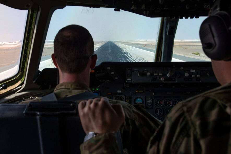 First Lt. Justin, a KC-10 Extender pilot deployed in support of Operation Inherent Resolve, prepares to take off at an undisclosed location in Southwest Asia, Nov. 20, 2016. The KC-10 is an Air Mobility Command advanced tanker and cargo aircraft designed to provide increased global mobility for U.S. and coalition armed forces. (U.S. Air Force photo/Staff Sgt. R. Alex Durbin)