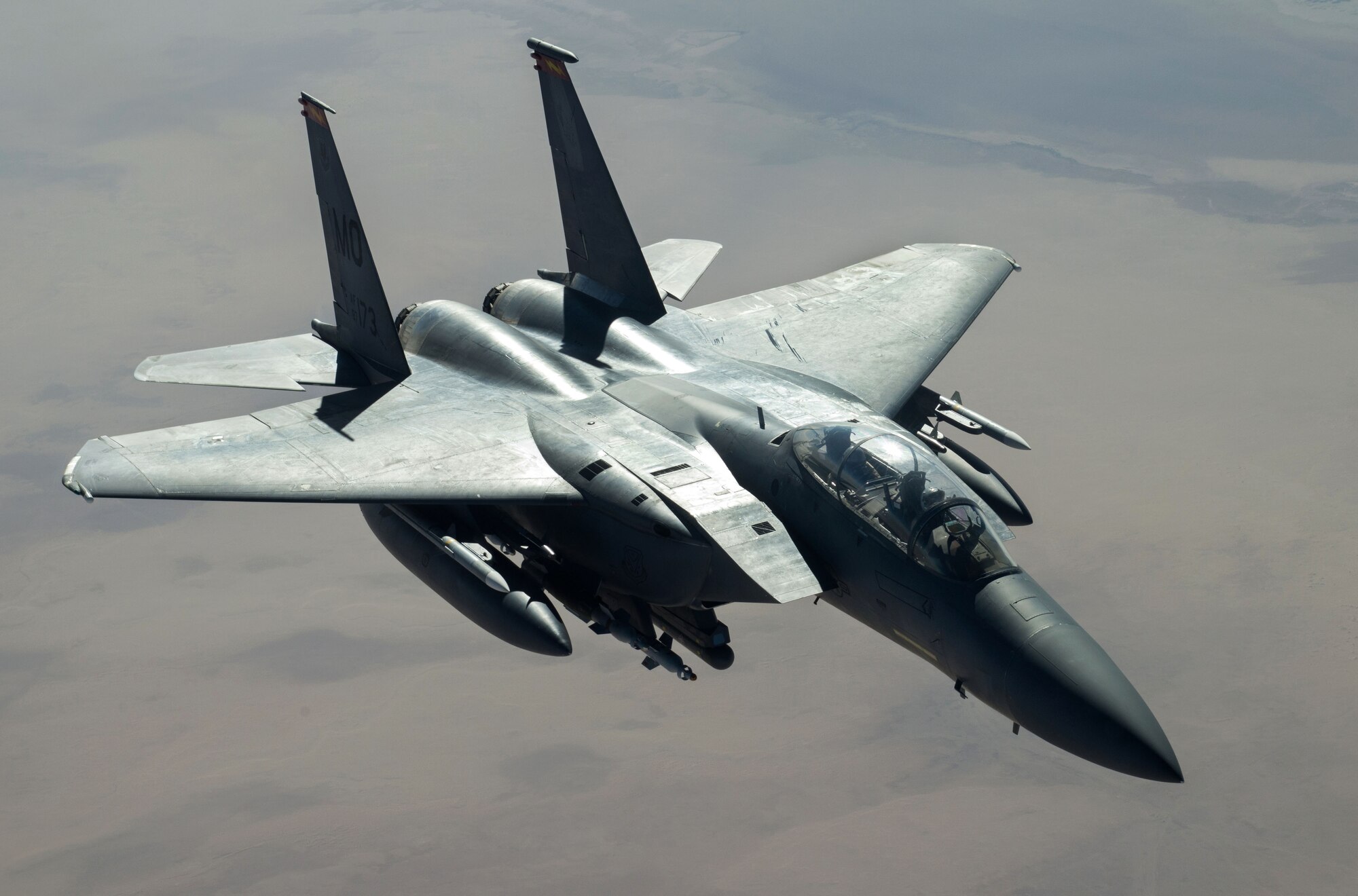 A U.S. Air Force F-15E Strike Eagle rejoins formation after refueling in support of Operation Inherent Resolve near Mosul, Iraq, Nov. 20, 2016. The OIR mission is to militarily defeat Da’esh in the Combined Joint Operations Area in order to enable whole-of-coalition governmental actions to increase regional stability. (U.S. Air Force photo by Staff Sgt. R. Alex Durbin)