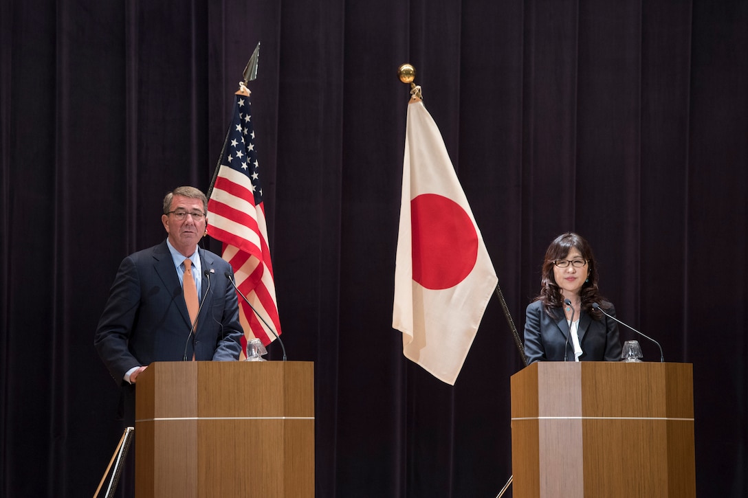 Defense Secretary Ash Carter and Japanese Defense Minister Tomomi Inada host a joint news conference in Tokyo, Dec. 7, 2016. DoD photo by Air Force Tech. Sgt. Brigitte N. Brantley