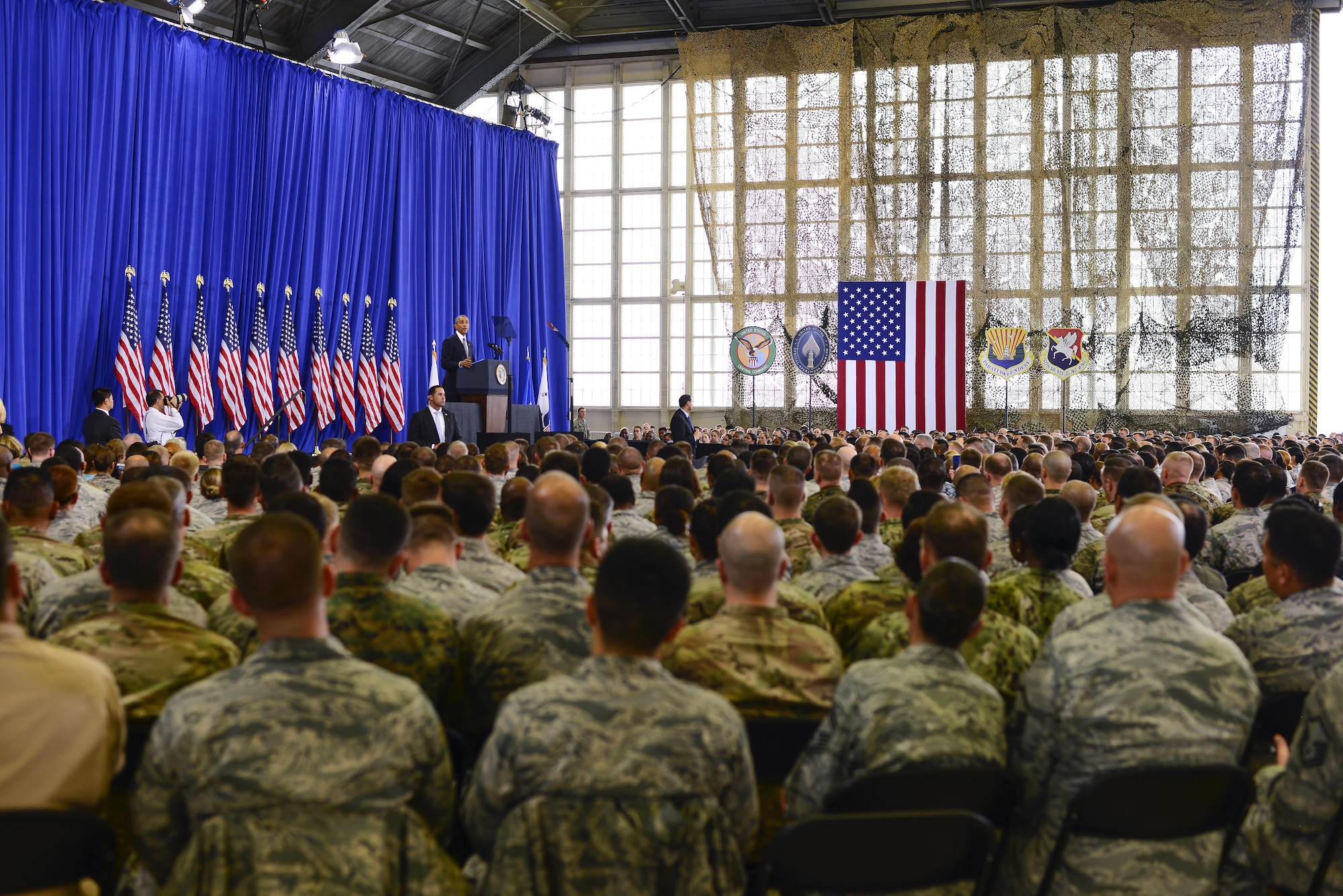 President Barack Obama addresses members of Team MacDill during a visit to MacDill Air Force Base, Fla. Dec. 6, 2016. The president discussed counter terrorism measures, national security and highlighted accomplishments of the U.S. military. (U.S. Air Force photo by Staff Sgt. Melanie Hutto) 
