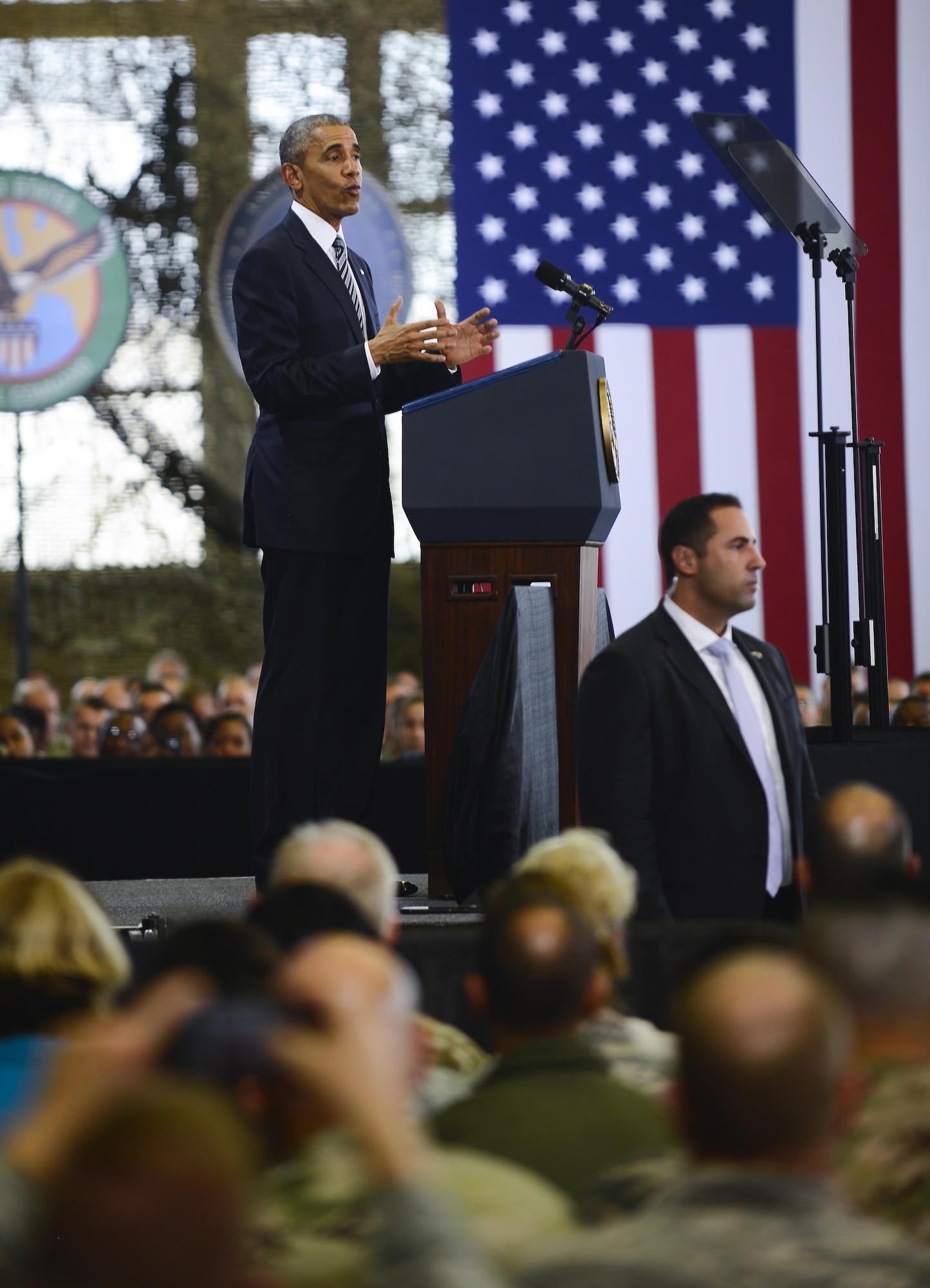 President Barack Obama addresses members of Team MacDill during his final visit as commander in chief to MacDill Air Force Base, Fla. Dec. 6, 2016. Upon completion of Obama’s term, he will be the first president to serve two terms during a time of war. (U.S. Air Force photo by Staff Sgt. Melanie Hutto)