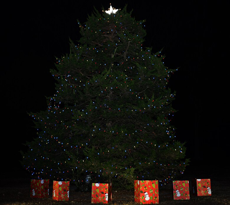 The lit holiday tree from the 61st annual Holiday Tree Lighting celebration at Joint Base Langley-Eustis, Va., Dec. 2, 2016 can be seen at Seay Plaza on Fort Eustis. Members of the JBLE community gathered to celebrate the holiday season by lighting the decorated tree, making crafts and meeting with Santa and Mrs. Clause. (U.S. Air Force photo by Staff Sgt. Teresa J. Cleveland)