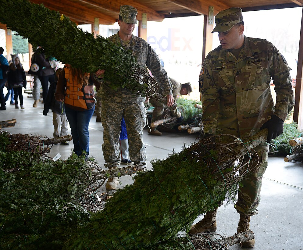 U.S. Army Sgt. 1st Class Trevor Johnstin and Sgt. 1st Class Jason Hoyle, 128th Aviation Brigade equal opportunity advisors, pick out fresh-cut trees during the Christmas SPIRIT Foundation’s Trees for Troops program at Joint Base Langley-Eustis, Va., Dec. 5, 2016. As a whole, JBLE received 550 trees to pass out to service members and their families.  (U.S. Air Force photo by Staff Sgt. Teresa J. Cleveland)