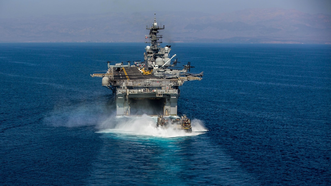 U.S. 5TH FLEET AREA OF OPERATIONS (Dec. 6, 2016) A landing craft air cushion with the Makin Island Amphibious Ready Group (MKI ARG) departs the well deck of USS Makin Island (LHD 8) carrying U.S. Marines and their light armored vehicles as part of the initial phases of Exercise Alligator Dagger, Dec. 6, 2016. The MKI ARG and11th Marine Expeditionary Unit (MEU) are rehearsing amphibious operations and conducting combat sustainment training throughout Dec. as part of Exercise Alligator Dagger. The size and composition of the ARG/MEU make it well suited for a number of operations: amphibious assaults, helo-borne raids, visit, board, search and seizure missions, noncombatant evacuations, humanitarian assistance and disaster relief, and other specialized missions. (U.S. Marine Corps photo by Cpl. Devan K. Gowans)