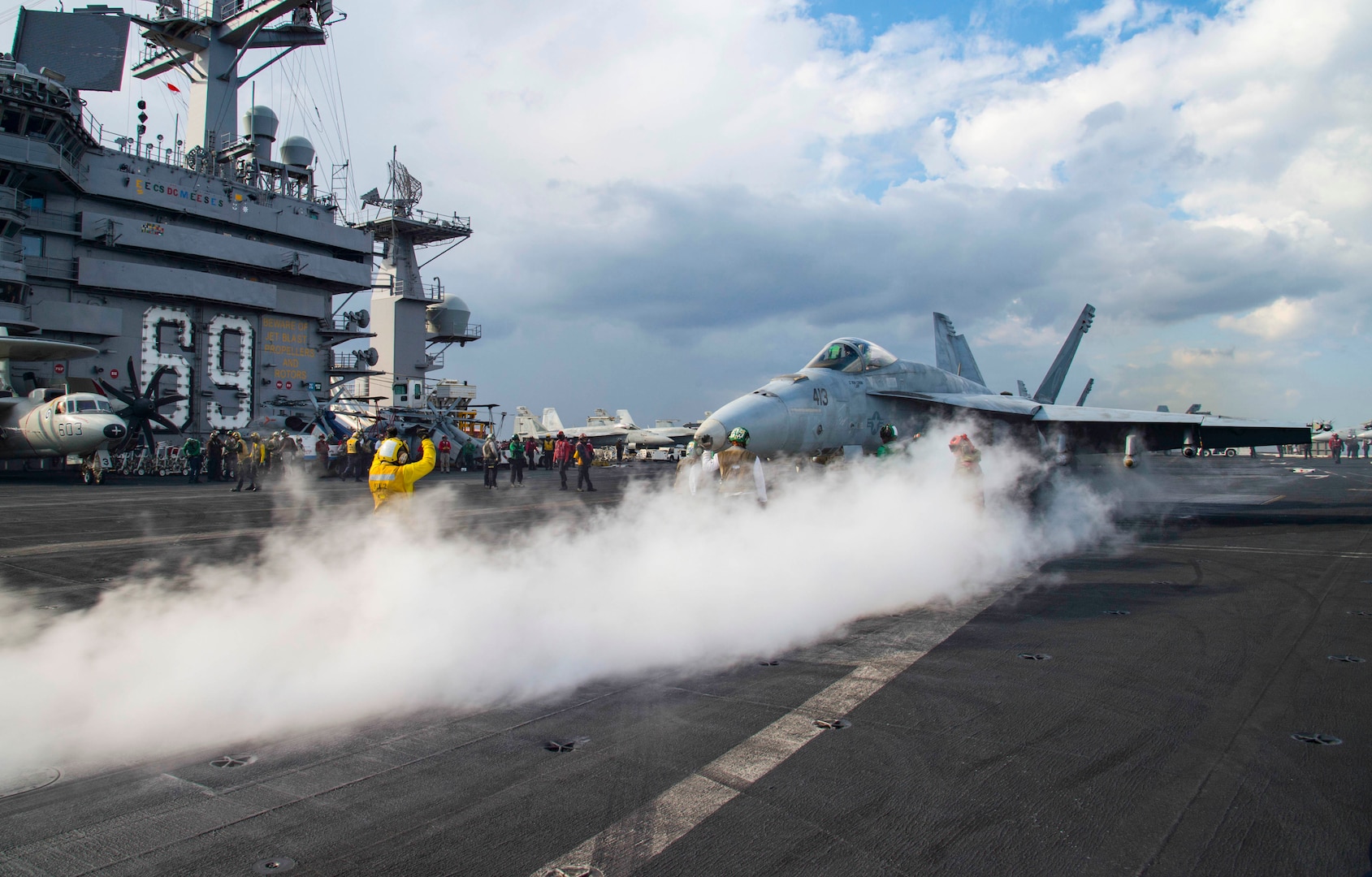 161206-N-QI061-513
MEDITERRANEAN SEA (Dec. 6, 2016) An F/A-18E Super Hornet assigned to the Gunslingers of Strike Fighter Squadron (VFA) 105 prepares to launch from the flight deck of the aircraft carrier USS Dwight D. Eisenhower (CVN 69) in support of Operation Inherent Resolve (OIR). The ship is deployed as part of the Eisenhower Carrier Strike Group to conduct naval operations in the U.S. 6th Fleet area of operations in support of U.S. national security interests in Europe. (U.S. Navy photo by Petty Officer 3rd Class Nathan T. Beard/Released)