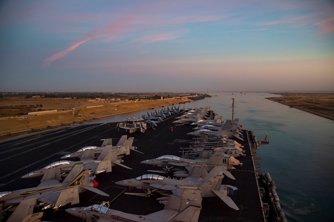 161204-N-QI061-003

SUEZ CANAL (Dec. 4, 2016) The aircraft carrier USS Dwight D. Eisenhower (CVN 69) (Ike) conducts a routine, scheduled transit through the Suez Canal. Ike and its carrier strike group are deployed in support of Operation Inherent Resolve, maritime security operations and theater security cooperation efforts in the U.S. 5th Fleet area of operations. (U.S. Navy photo by Petty Officer 3rd Class Nathan T. Beard)