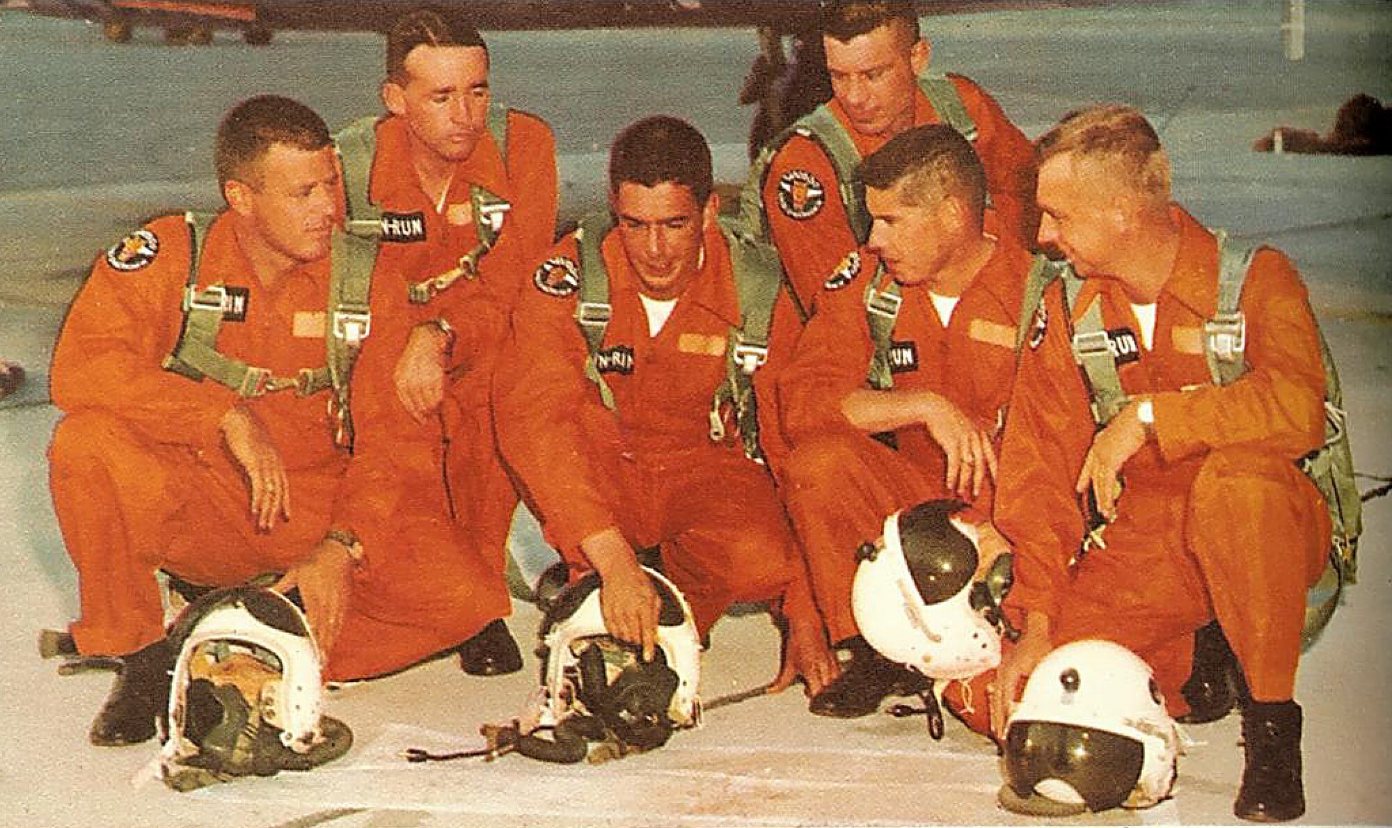 From left, U.S. Air Force 1st. Lt. Gustav Klatt, 18th Tactical Reconnaissance Squadron, Capt. Donald Hawkins, 17th TRS, Capt. Robert Kilpatrick, 17th TRS, Capt. Robert Burkhart, 18th TRS, Capt. Robert Sweet, 17th TRS, and Capt. Ray Schrecengost, 18th TRS, circa 1957. These six pilots were chosen for Operation Sun Run, the Air Force’s attempt to set three official speed records flying between Los Angeles, Calif., and New York, N.Y.; once each way and a round trip. (Photo courtesy of 20th Fighter Wing historian)