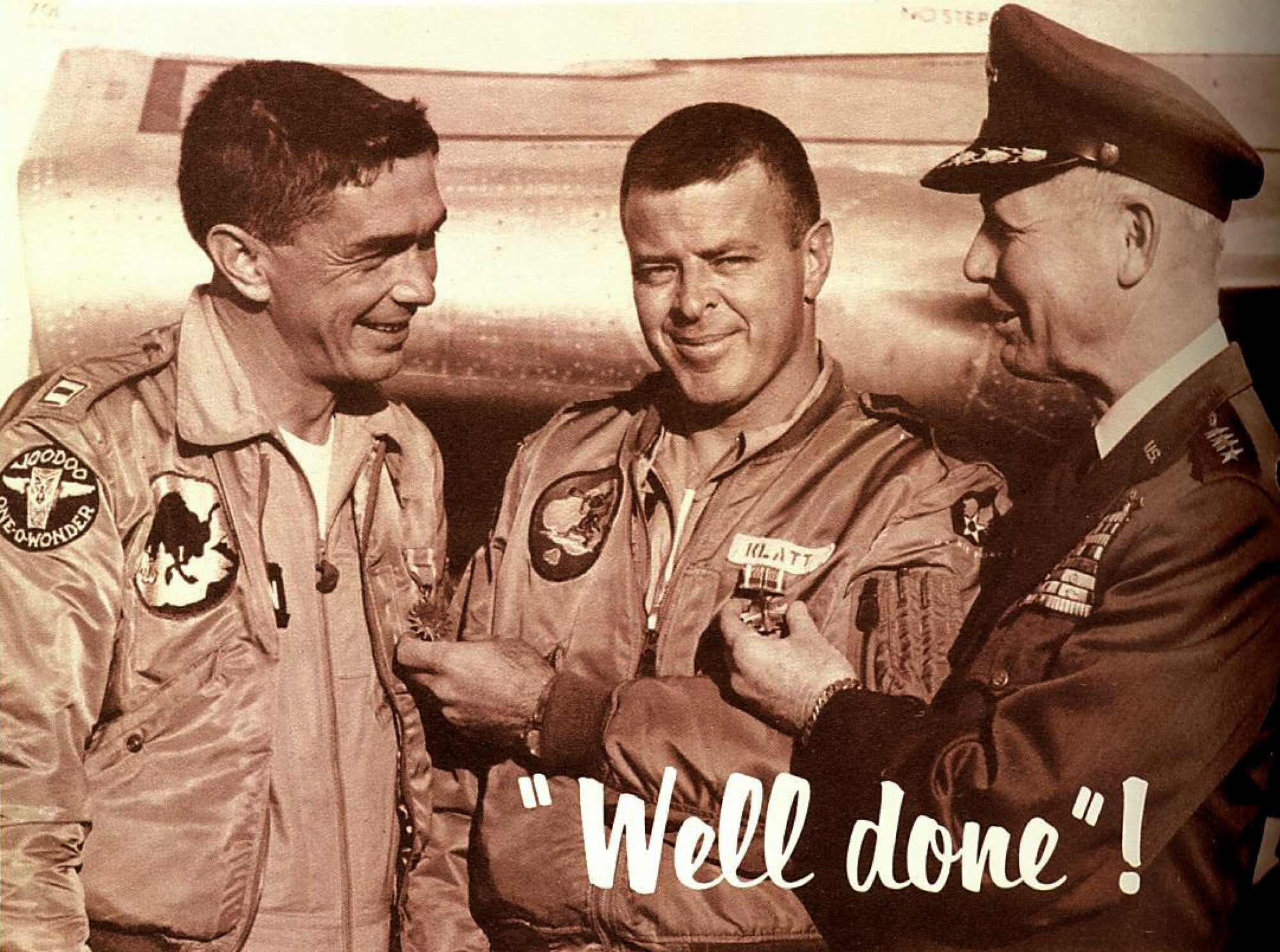 U.S. Air Force Capt. Robert Kilpatrick, 17th Tactical Reconnaissance Squadron RF-101C Voodoo pilot, left, and 1st Lt. Gustav Klatt, 18th TRS RF-101C pilot, center, receive the Distinguished Flying Cross and Air Medal, respectively, from Gen. O. P. Weyland, Tactical Air Command commander, circa 1957. The medals were awarded for the pilots’ contributions during Operation Sun Run, in which they set three official speed records by flying the length of the U.S. (Photo courtesy of 20th Fighter Wing historian)