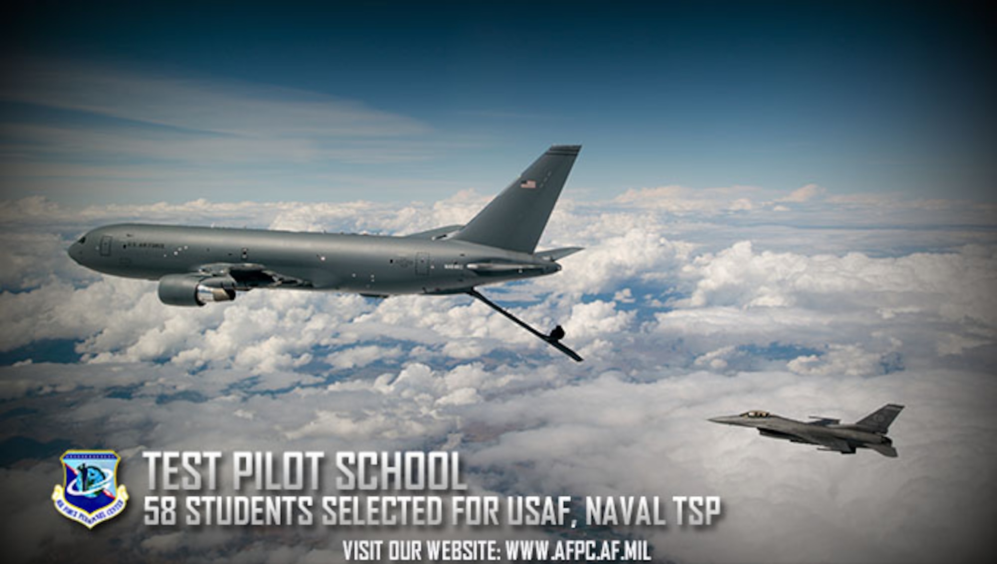 Boeing's KC-46 air refueling tanker resumes testing above Washington with assistance from F-16 Fighting Falcons assigned to the 416th Flight Test Squadron at Edwards Air Force Base, California. 58 Air Force officers and civilians were recently selected to attend the U.S. Air Force and U.S. Naval Test Pilot schools beginning in June 2017 to continue testing and evaluation of U.S. aerospace weapons systems. (U.S. Air Force photo by Christopher Okula)
