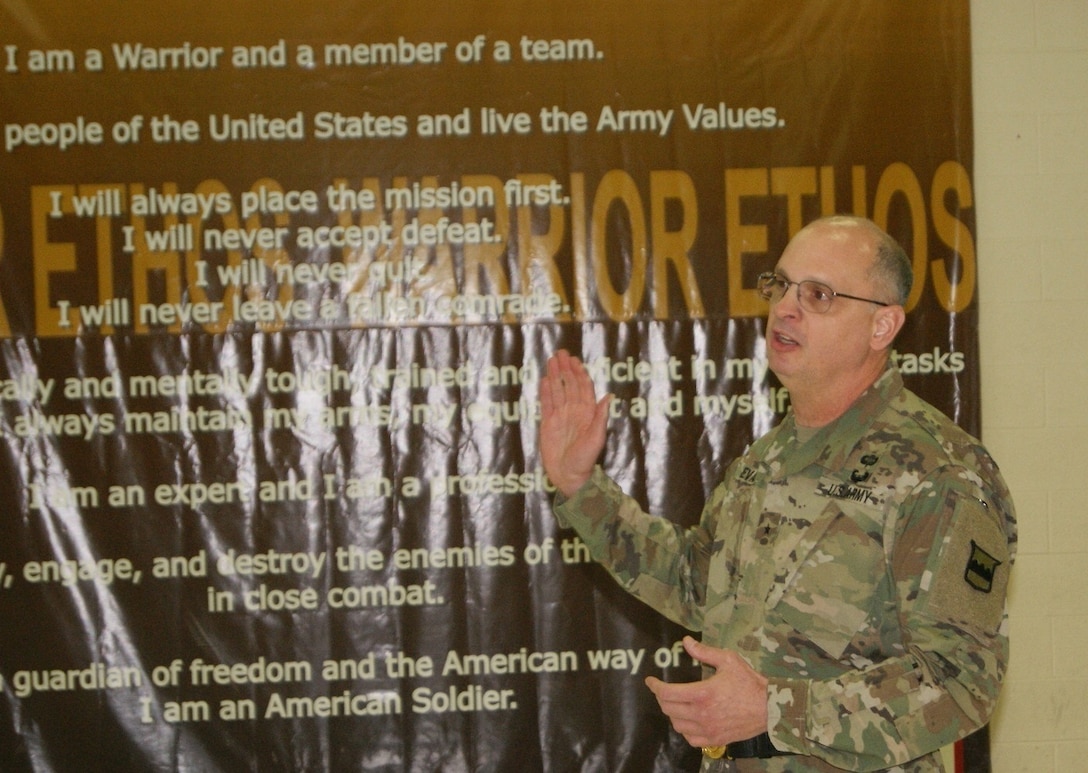 Brig. Gen. Thomas Evans, deputy commanding general for the 80th Training Command, speaks at the 3rd Battalion, 399th Regiment's deactivation ceremony at the Army Reserve Center in Sturtevant, Wis., Dec. 3, 2016.