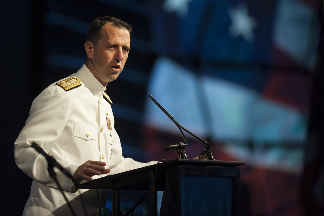 Navy Adm. John Richardson, chief of Naval Operations, speaks at the December 7 “Remembered” Gala in Honolulu, Hawaii, Dec. 6, 2016. The U.S. military, National Park Service, and State of Hawaii are jointly commemorating the 75th anniversary of the Dec. 7, 1941 attacks on Pearl Harbor and Oahu. Air Force photo by Staff Sgt. Christopher Hubenthal