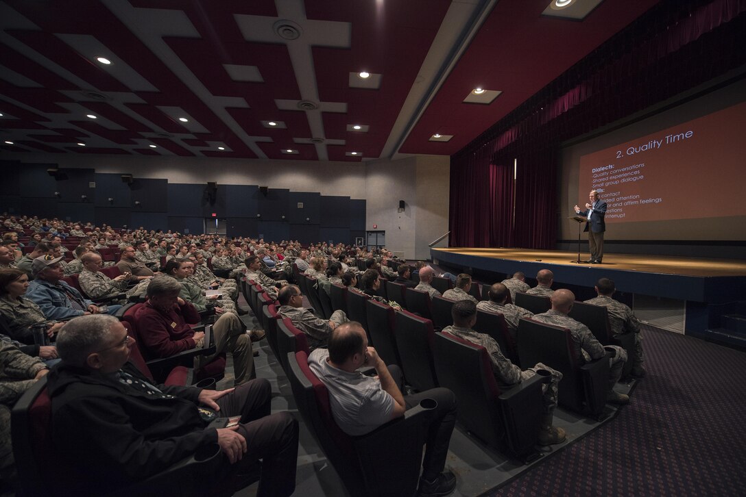 Gary Chapman, well renowned speaker and author of the 5 Love Languages, talks with Airmen about how the 5 Love Languages apply within the workplace at Sheppard Air Force Base, Texas, Dec. 6, 2016. Chapman spoke four different times to share his knowledge about communicating and adding value to people with permanent party Airmen, Airmen in Training and military couples. (U.S. Air Force photo by Senior Airman Kyle E. Gese)