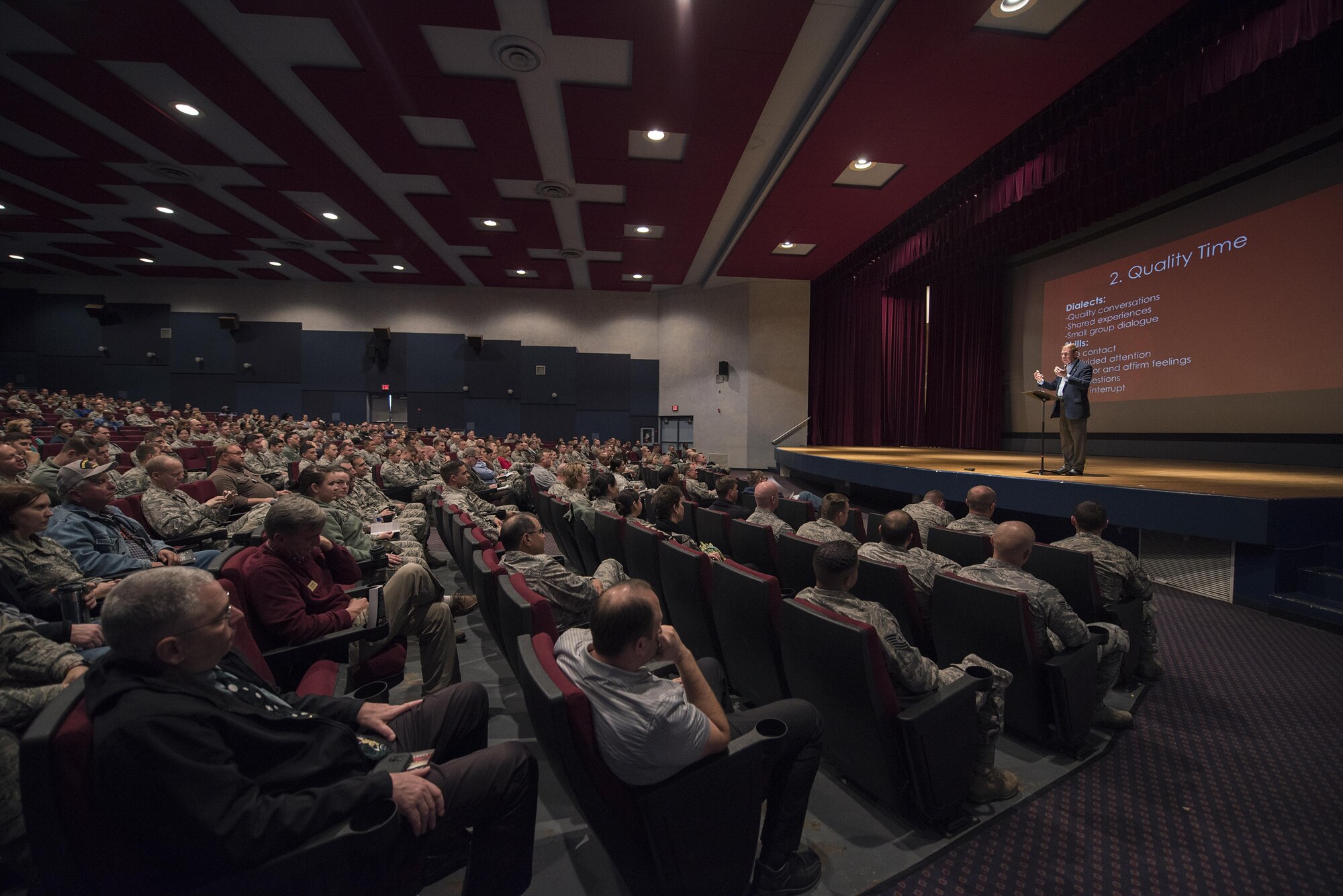 Gary Chapman, well renowned speaker and author of the 5 Love Languages, talks with Airmen about how the 5 Love Languages apply within the workplace at Sheppard Air Force Base, Texas, Dec. 6, 2016. Chapman spoke four different times to share his knowledge about communicating and adding value to people with permanent party Airmen, Airmen in Training and military couples. (U.S. Air Force photo by Senior Airman Kyle E. Gese)