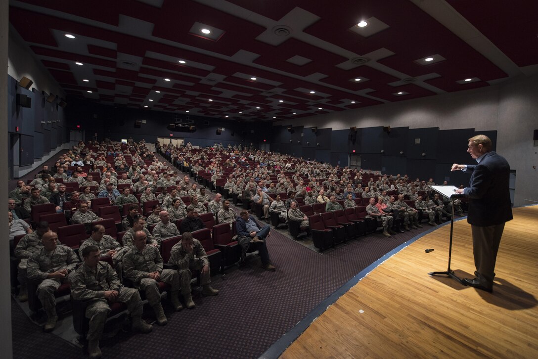 Gary Chapman, well renowned speaker and author of the 5 Love Languages, talks with Airmen about how the 5 Love Languages apply within the workplace at Sheppard Air Force Base, Texas, Dec. 6, 2016. Chapman spoke four different times to share his knowledge about communicating and adding value to people with permanent party Airmen, Airmen in Training and military couples. (U.S. Air Force photo by Senior Airman Kyle E. Gese)
