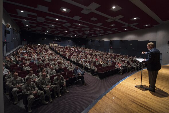 Gary Chapman, well renowned speaker and author of the 5 Love Languages, talks with Airmen about how the 5 Love Languages apply within the workplace at Sheppard Air Force Base, Texas, Dec. 6, 2016. Chapman spoke four different times to share his knowledge about communicating and adding value to people with permanent party Airmen, Airmen in Training and military couples. (U.S. Air Force photo by Senior Airman Kyle E. Gese)
