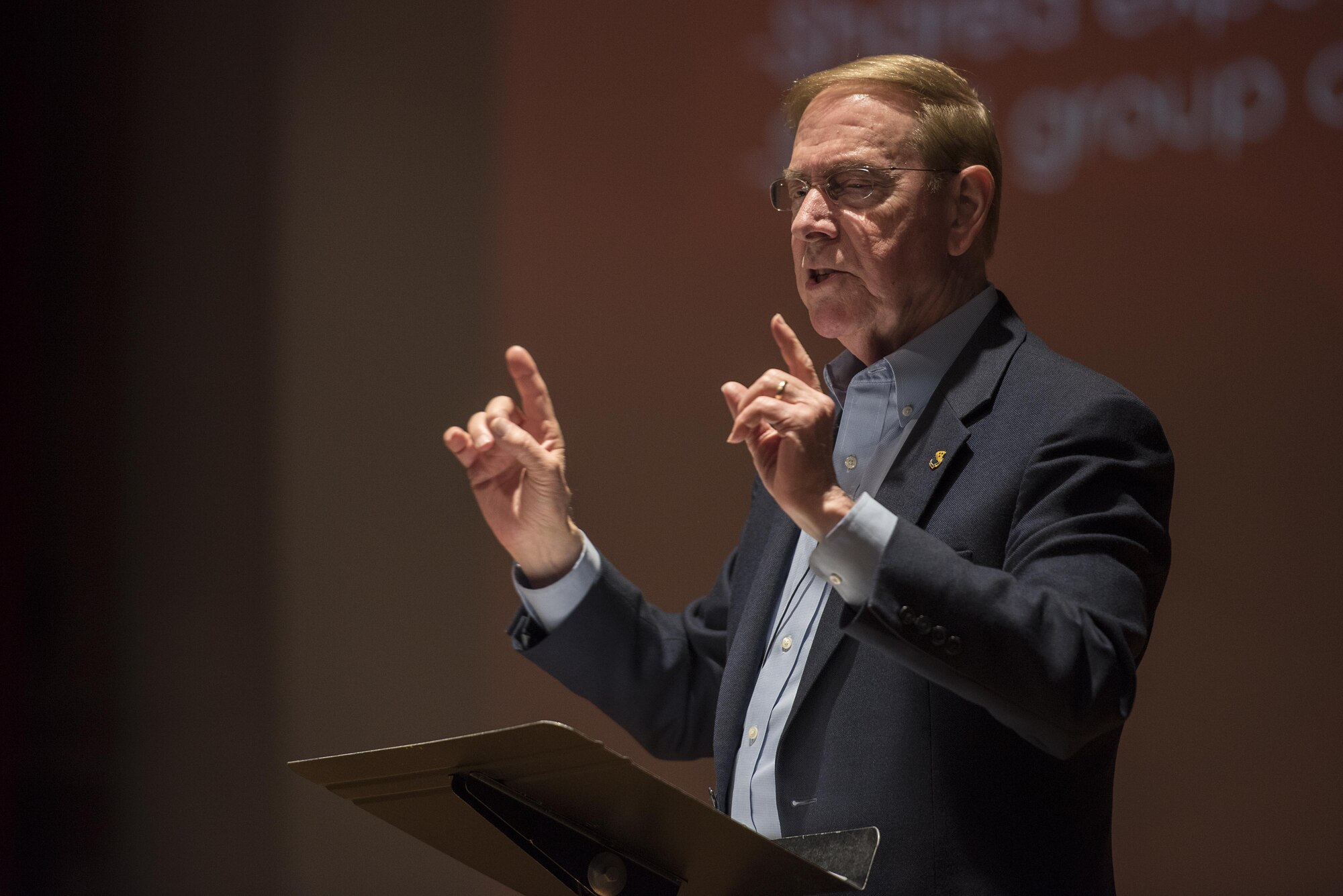 Gary Chapman, well renowned speaker and author of the 5 Love Languages, talks with Airmen about how the 5 Love Languages apply within the workplace at Sheppard Air Force Base, Texas, Dec. 6, 2016. Chapman spoke four different times to share his knowledge about communicating and adding value to people with permanent party Airmen, Airmen in Training and military couples. (U.S. Air Force photo by Senior Airman Kyle E. Gese)