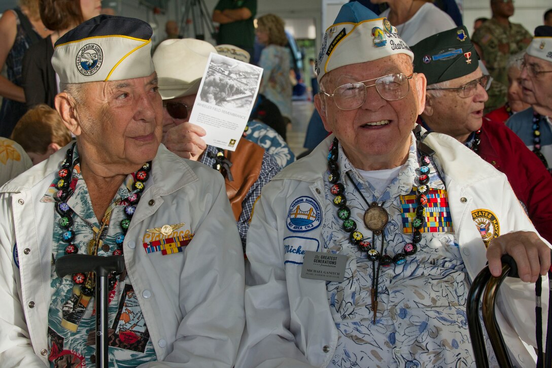 Pearl Harbor survivors attend a wreath-laying ceremony and tribute Dec. 5, 2016, to honor the more than 30 men killed and 50 injured at Wheeler Army Airfield, Hawaii, when Japan began its attack on Oahu 75 years ago. DoD photo by Lisa Ferdinando