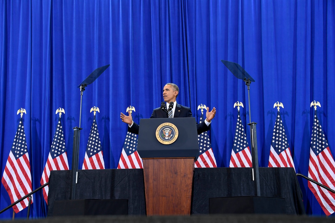 President Barack Obama addresses members of Team MacDill during his final visit as commander in chief, at MacDill Air Force Base, Fla. Dec. 6, 2016. The president thanked the men and women for their service and spoke on counter terrorism measures, national security and highlighted accomplishments of the U.S. military. (U.S. Air Force photo by Tech. Sgt. Dana Flamer) 