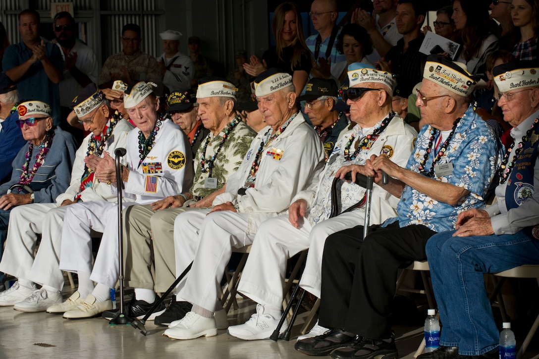Pearl Harbor survivors attend a wreath-laying and tribute ceremony Dec. 5, 2016, to honor the more than 30 men killed and 50 injured at Wheeler Army Airfield, Hawaii.