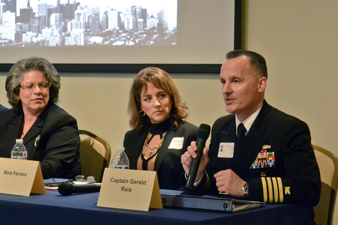 Navy Capt. Gerald Raia, Defense Logistics Agency Troop Support Procurement Process Support Director, explains the importance of federal contracts to 185 acquisition professionals from more than a dozen federal agencies at the Mid-Atlantic Acquisition Council Training Symposium. Raia, who spent more than four years serving in a combat zone, said that strong acquisition practices are critical to an agency’s mission accomplishment.