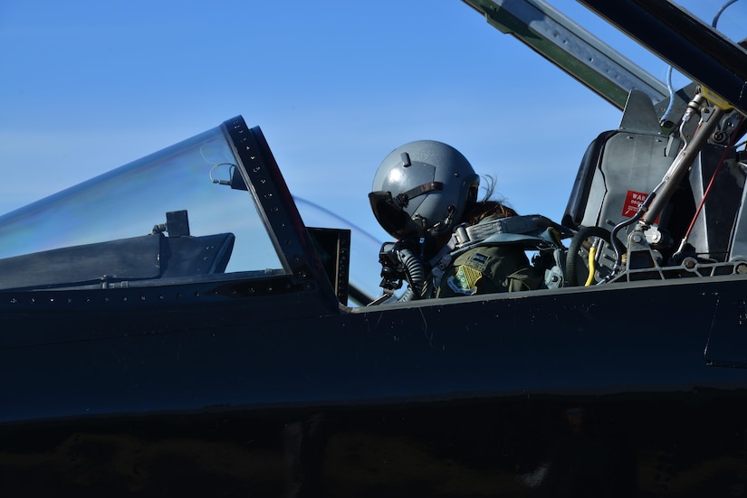 U.S. Air Force Capt. Chelsea Bailey, 71st Fighter Training Squadron T-38 Talon adversary air mission commander, runs through pre-flight checks at Joint Base Langley-Eustis, Va., Dec. 6, 2016. The T-38s mission at JBLE are to help train pilots on maneuvering, air-to-air combat and flight hours. (U.S. Air Force photo by Airman 1st Class Tristan Biese)