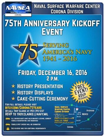 NSWC Corona 75th Anniversary Kickoff Event Flyer