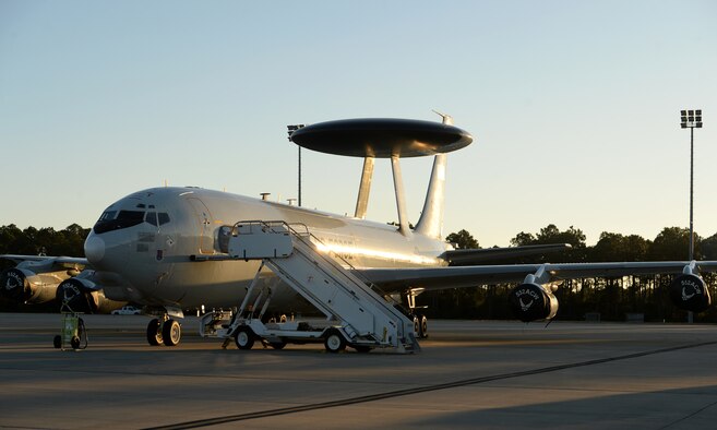 A U.S. Air Force E-3 Sentry Airborne Warning and Control System from 552nd Air Control Wing, Tinker Air Force Base, Okla., sits on the flightline at Tyndall Air Force Base, Fla., Dec. 6, 2016. The AWACS is at Tyndall in support of concurrent aerial exercises Checkered Flag 17-1 and Combat Archer 17-3 that runs Dec. 5-16. (U.S. Air Force photo by Airman 1st Class Isaiah J. Soliz/Released)