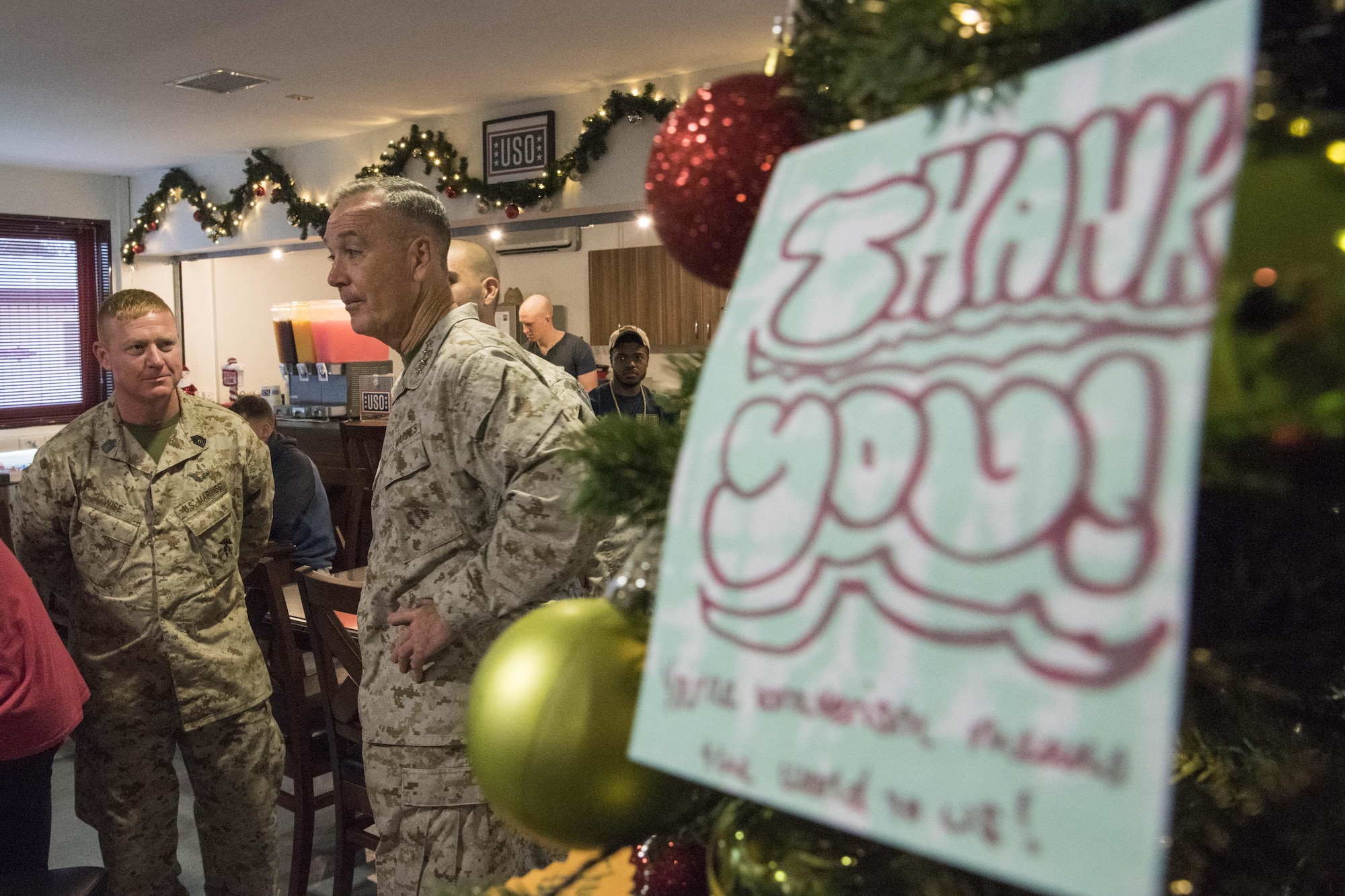 Marine Gen. Joseph F. Dunford, Jr., chairman of the Joint Chiefs of Staff, and USO entertainers meet with service members at Incirlik Air Base, Dec. 5, 2016. Dunford, along with USO entertainers, will visit service members who are deployed from home during the holidays at various locations across the globe. This year’s entertainers included actor Chris Evans, actress Scarlett Johansson, NBA Legend Ray Allen, 4-time Olympic Medalist Maya DiRado, Country Music Singer Craig Campbell, and mentalist Jim Karol. (DoD photo by Navy Petty Officer 2nd Class Dominique A. Pineiro)