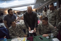 Marine Gen. Joseph F. Dunford, Jr., chairman of the Joint Chiefs of Staff, and USO entertainers meet with service members at Incirlik Air Base, Dec. 5, 2016. Dunford, along with USO entertainers, will visit service members who are deployed from home during the holidays at various locations across the globe. This year’s entertainers included actor Chris Evans, actress Scarlett Johansson, NBA Legend Ray Allen, 4-time Olympic Medalist Maya DiRado, Country Music Singer Craig Campbell, and mentalist Jim Karol. (DoD photo by Navy Petty Officer 2nd Class Dominique A. Pineiro)