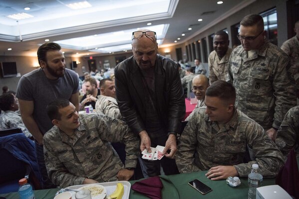 Marine Gen. Joseph F. Dunford, Jr., chairman of the Joint Chiefs of Staff, and USO entertainers meet with service members at Incirlik Air Base, Dec. 5, 2016. Dunford, along with USO entertainers, will visit service members who are deployed from home during the holidays at various locations across the globe. This year’s entertainers included actor Chris Evans, actress Scarlett Johansson, NBA Legend Ray Allen, 4-time Olympic Medalist Maya DiRado, Country Music Singer Craig Campbell, and mentalist Jim Karol. (DoD photo by Navy Petty Officer 2nd Class Dominique A. Pineiro)