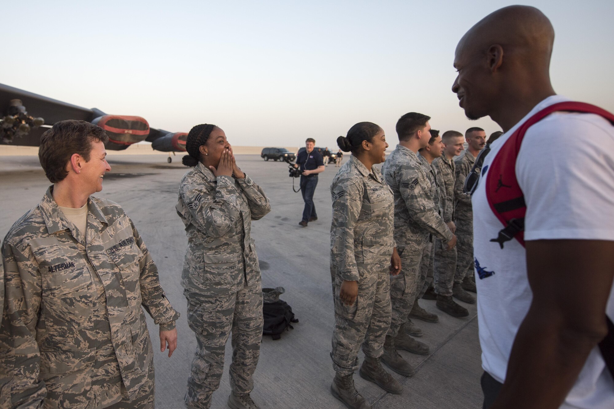 NBA Legend Ray Allen meets with service members during a troop engagement at Al-Udeid Air Base, Qatar, Dec. 6, 2016. Marine Gen. Joseph F. Dunford, Jr., chairman of the Joint Chiefs of Staff, along with USO entertainers, visited service members who are deployed from home during the holidays at various locations across the globe.  This year’s entertainers included actors Chris Evans, actress Scarlett Johansson, NBA Legend Ray Allen, 4-time Olympic Medalist Maya DiRado, Country Music Singer Craig Campbell, and mentalist Jim Karol. (DoD photo by Navy Petty Officer 2nd Class Dominique A. Pineiro/Released)