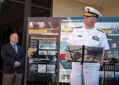 161206-N-LY160-041 PEARL HARBOR (Dec. 6, 2016) Rear Adm. Fredrick "Fritz" Roegge, commander, Submarine Force, U.S. Pacific Fleet, addresses guests during an unveiling of a new submarine exhibit at the USS Bowfin Submarine Museum and Park. Dec. 7, 2016, marks the 75th anniversary of the attacks on Pearl Harbor and Oahu. The U.S. military and the State of Hawaii are hosting a series of remembrance events throughout the week to honor the courage and sacrifices of those who served Dec. 7, 1941, and throughout the Pacific theater. As a Pacific nation, the U.S. is committed to continue its responsibility of protecting the Pacific sea-lanes, advancing international ideals and relationships, well as delivering security, influence and responsiveness in the region. (Navy Photo by Petty Officer 2nd Class Michael H. Lee/Released)
