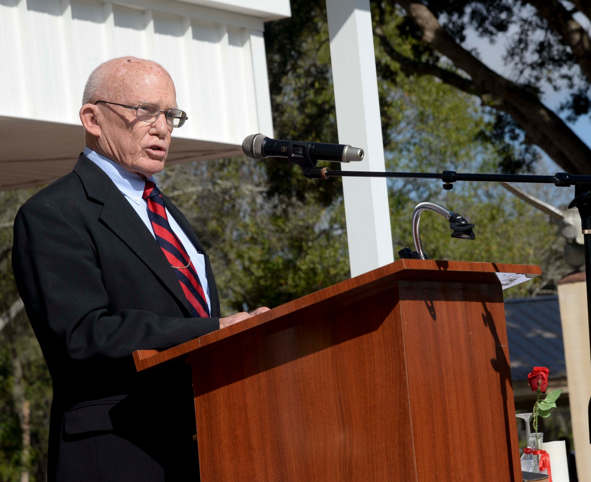 Retired Army Maj. Gen. James L. Dozier provides remarks during the Pearl Harbor Remembrance Day ceremony at Veterans Memorial Park in Tampa, Fla., Dec. 7, 2016. Dozier was invited as the keynote speaker of the event to commemorate the 75th anniversary of the attack on Pearl Harbor. (U.S. Air Force photo by Senior Airman Vernon L. Fowler Jr.)