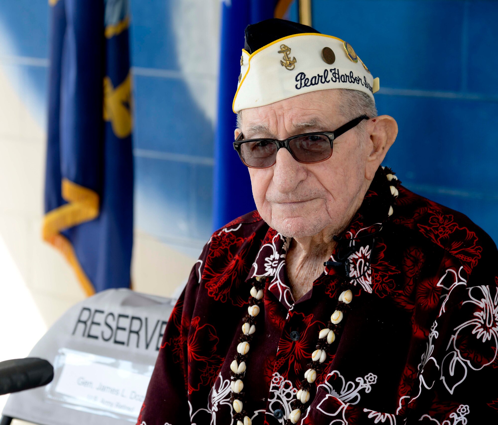 George Kondas, a Pearl Harbor survivor, pauses for a photo during the Pearl Harbor Remembrance Day ceremony at Veterans Memorial Park in Tampa, Fla., Dec. 7, 2016. Kondas is 95 years old and attended the ceremony for his second consecutive year. (U.S. Air Force photo by Senior Airman Vernon L. Fowler Jr.)